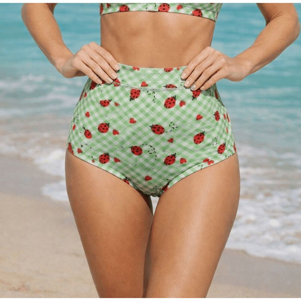 Unique Vintage Swim Bottom XS – Green Gingham Ladybug Print – High Waist Retro